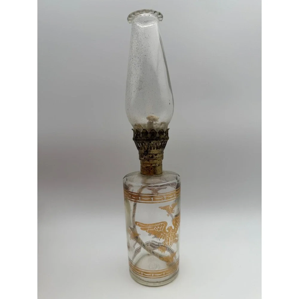Vintage Miniature Glass Oil Lamp Gold American Eagle Federal Style HJ Logo